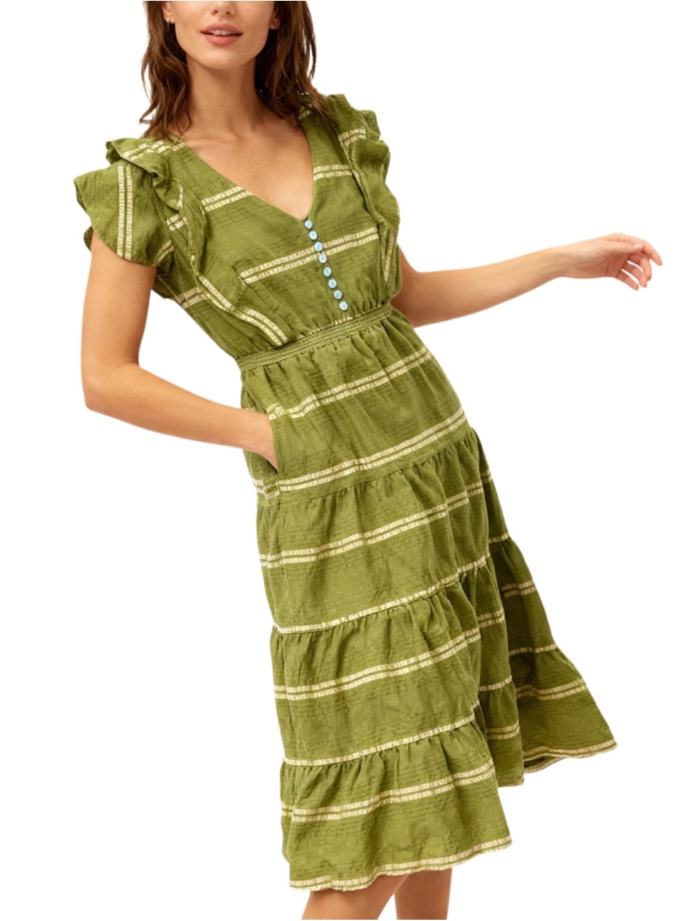 DOLAN 
Olive Tiered Midi Dress with Ruffle, Dolan Anthropologies